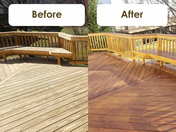 Before and after deck restoration showing cleaned and refinished wood decking surface